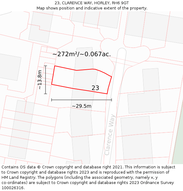 23, CLARENCE WAY, HORLEY, RH6 9GT: Plot and title map