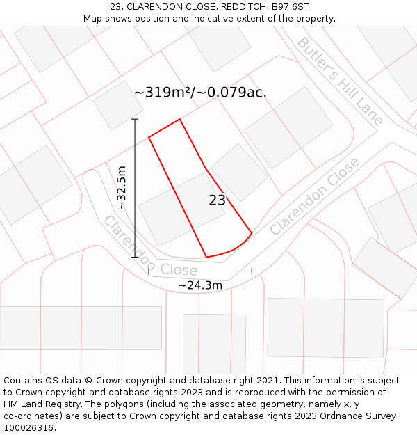 23, CLARENDON CLOSE, REDDITCH, B97 6ST: Plot and title map