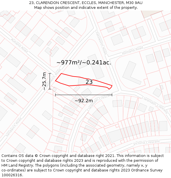 23, CLARENDON CRESCENT, ECCLES, MANCHESTER, M30 9AU: Plot and title map