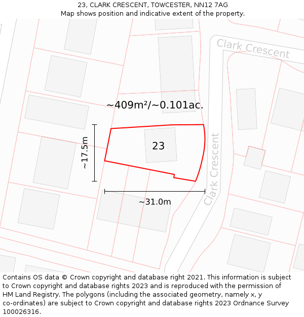 23, CLARK CRESCENT, TOWCESTER, NN12 7AG: Plot and title map