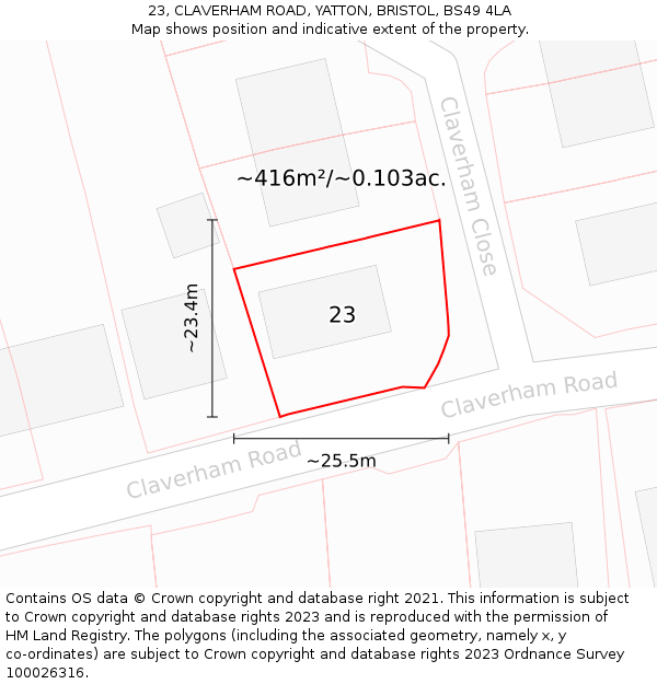 23, CLAVERHAM ROAD, YATTON, BRISTOL, BS49 4LA: Plot and title map