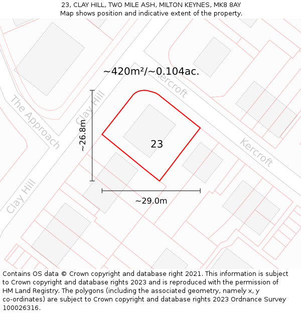 23, CLAY HILL, TWO MILE ASH, MILTON KEYNES, MK8 8AY: Plot and title map