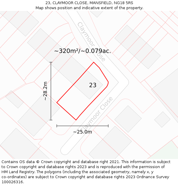 23, CLAYMOOR CLOSE, MANSFIELD, NG18 5RS: Plot and title map