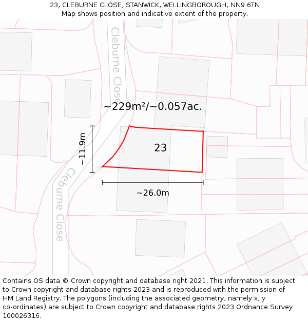 23, CLEBURNE CLOSE, STANWICK, WELLINGBOROUGH, NN9 6TN: Plot and title map