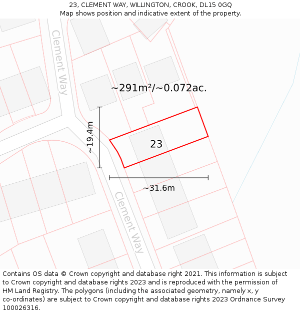 23, CLEMENT WAY, WILLINGTON, CROOK, DL15 0GQ: Plot and title map