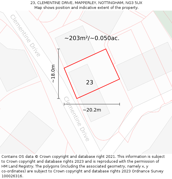 23, CLEMENTINE DRIVE, MAPPERLEY, NOTTINGHAM, NG3 5UX: Plot and title map
