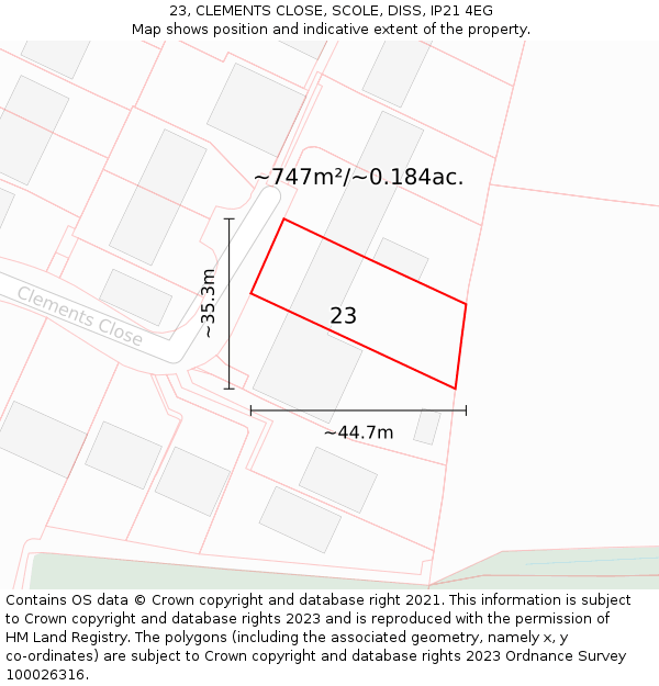 23, CLEMENTS CLOSE, SCOLE, DISS, IP21 4EG: Plot and title map