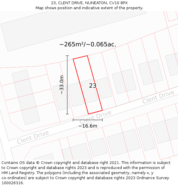 23, CLENT DRIVE, NUNEATON, CV10 8PX: Plot and title map