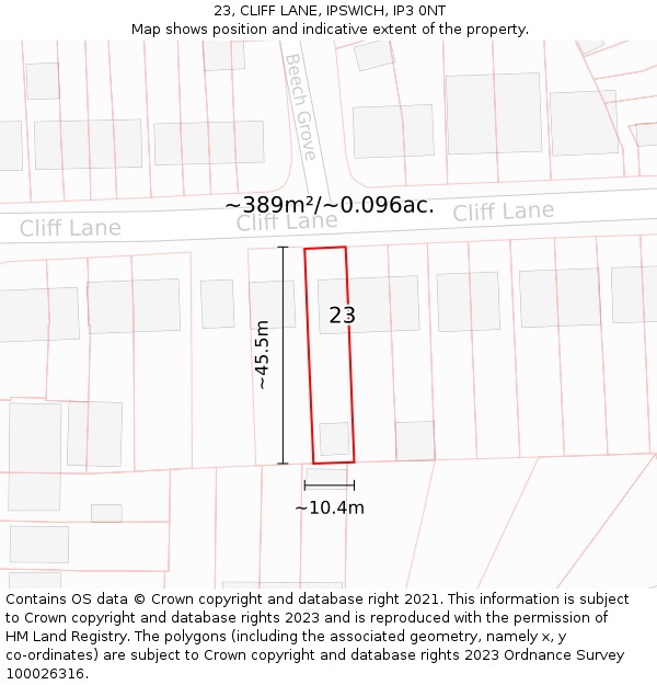 23, CLIFF LANE, IPSWICH, IP3 0NT: Plot and title map