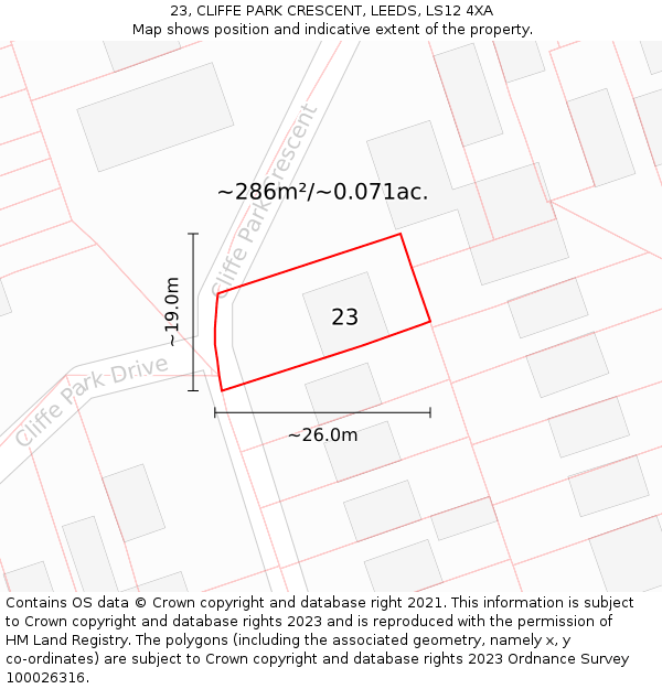 23, CLIFFE PARK CRESCENT, LEEDS, LS12 4XA: Plot and title map