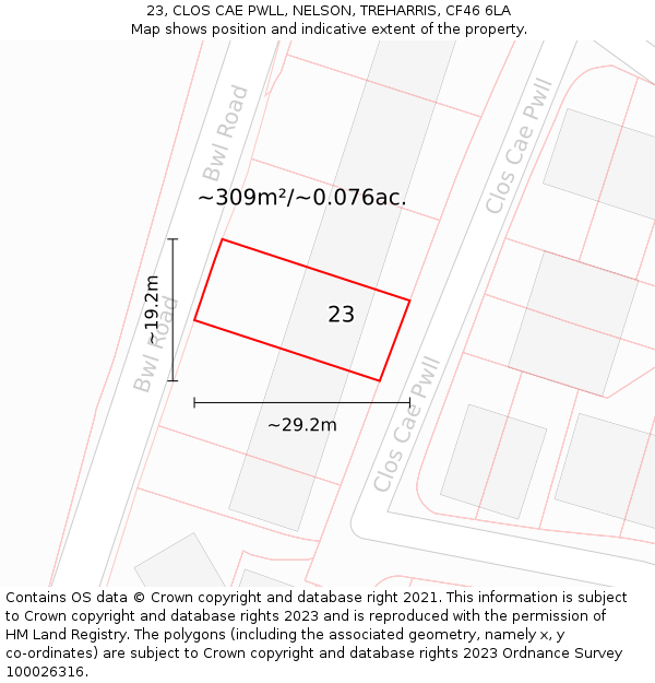 23, CLOS CAE PWLL, NELSON, TREHARRIS, CF46 6LA: Plot and title map