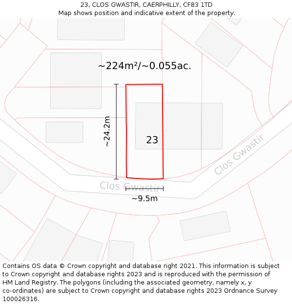 23, CLOS GWASTIR, CAERPHILLY, CF83 1TD: Plot and title map