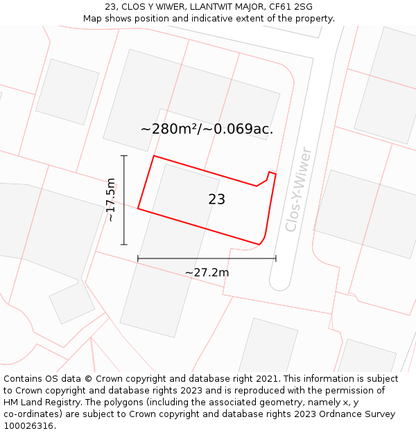 23, CLOS Y WIWER, LLANTWIT MAJOR, CF61 2SG: Plot and title map