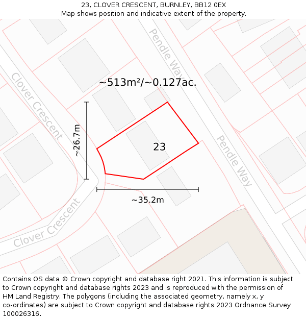 23, CLOVER CRESCENT, BURNLEY, BB12 0EX: Plot and title map
