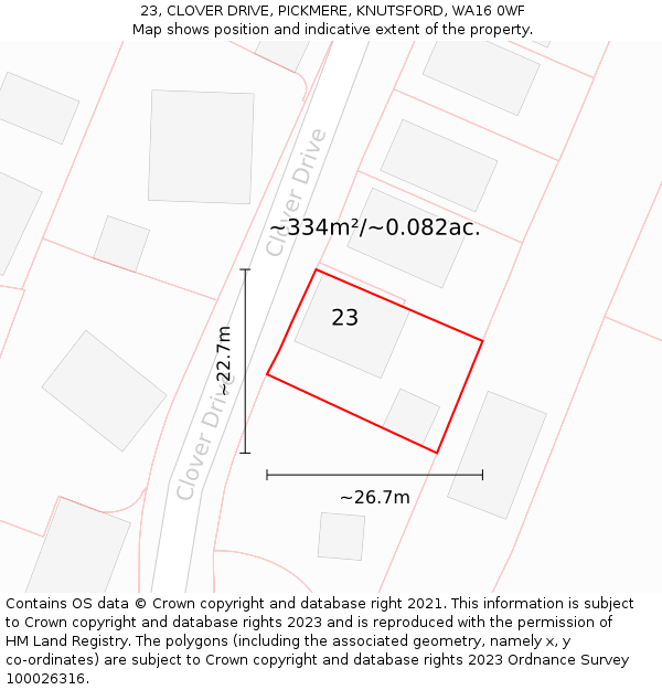 23, CLOVER DRIVE, PICKMERE, KNUTSFORD, WA16 0WF: Plot and title map