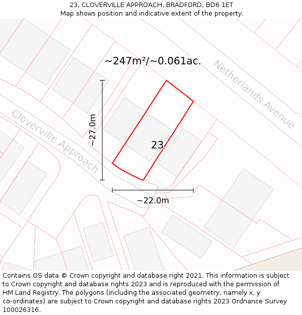 23, CLOVERVILLE APPROACH, BRADFORD, BD6 1ET: Plot and title map