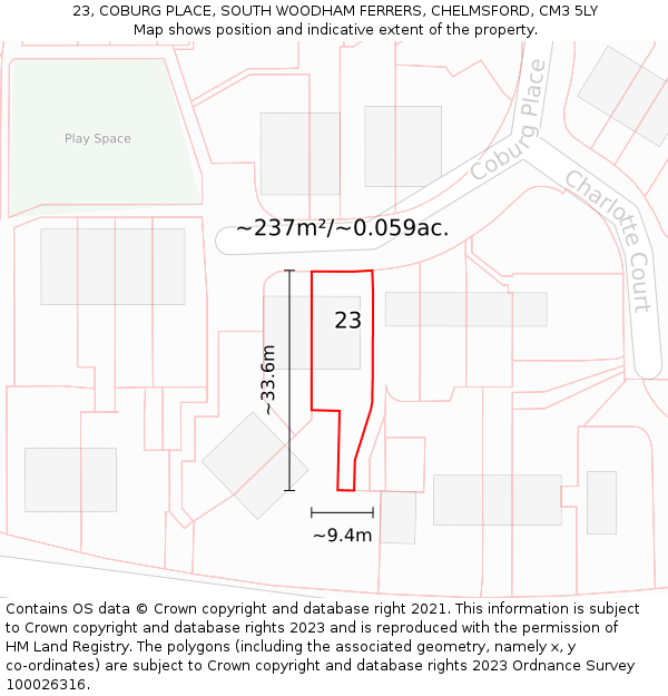 23, COBURG PLACE, SOUTH WOODHAM FERRERS, CHELMSFORD, CM3 5LY: Plot and title map