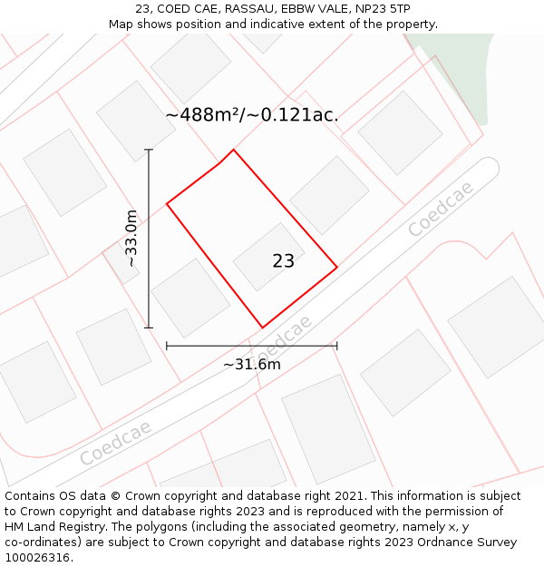 23, COED CAE, RASSAU, EBBW VALE, NP23 5TP: Plot and title map