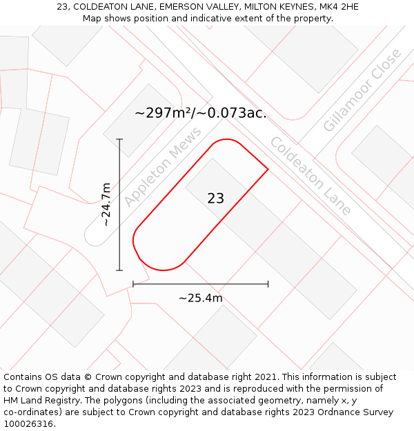 23, COLDEATON LANE, EMERSON VALLEY, MILTON KEYNES, MK4 2HE: Plot and title map