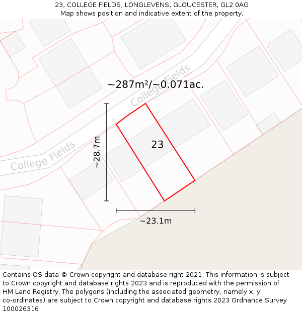 23, COLLEGE FIELDS, LONGLEVENS, GLOUCESTER, GL2 0AG: Plot and title map