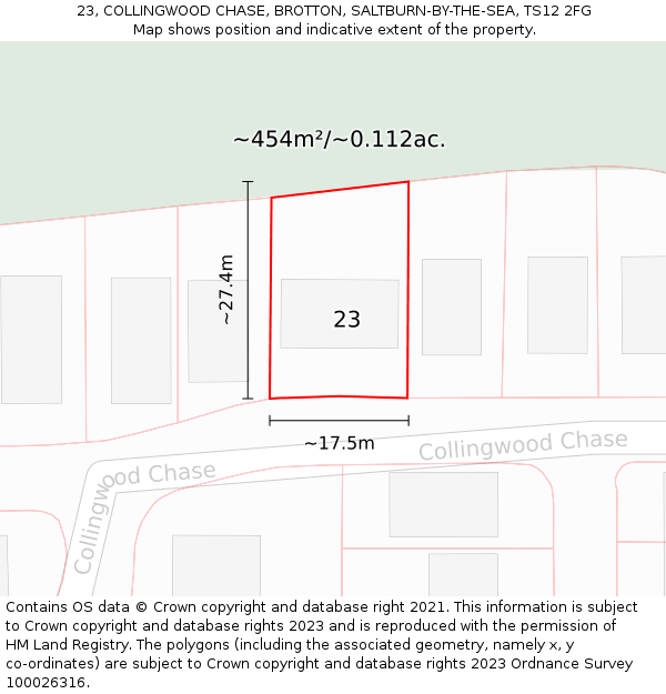 23, COLLINGWOOD CHASE, BROTTON, SALTBURN-BY-THE-SEA, TS12 2FG: Plot and title map