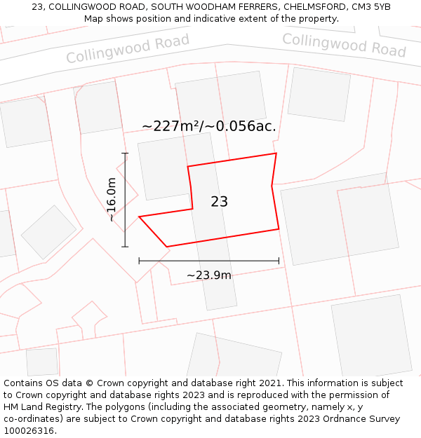 23, COLLINGWOOD ROAD, SOUTH WOODHAM FERRERS, CHELMSFORD, CM3 5YB: Plot and title map