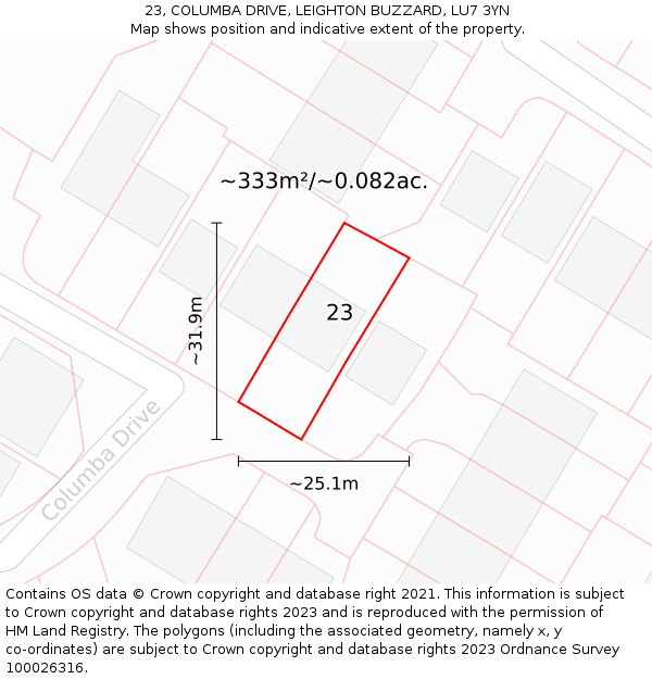 23, COLUMBA DRIVE, LEIGHTON BUZZARD, LU7 3YN: Plot and title map