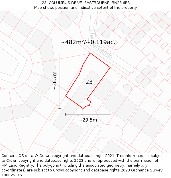 23, COLUMBUS DRIVE, EASTBOURNE, BN23 6RR: Plot and title map