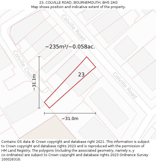 23, COLVILLE ROAD, BOURNEMOUTH, BH5 2AG: Plot and title map