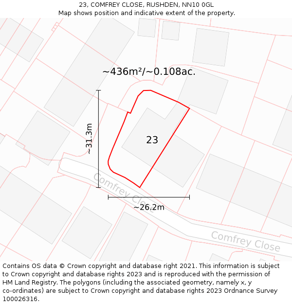 23, COMFREY CLOSE, RUSHDEN, NN10 0GL: Plot and title map