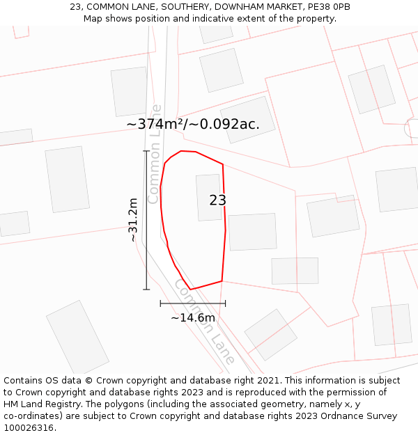 23, COMMON LANE, SOUTHERY, DOWNHAM MARKET, PE38 0PB: Plot and title map