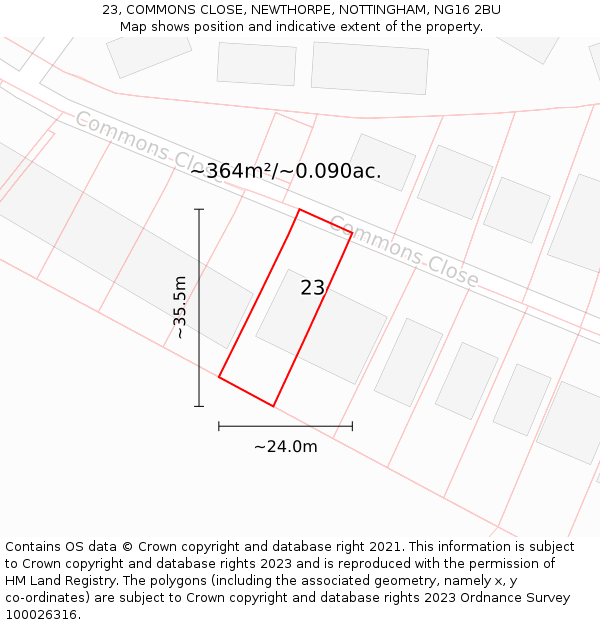 23, COMMONS CLOSE, NEWTHORPE, NOTTINGHAM, NG16 2BU: Plot and title map