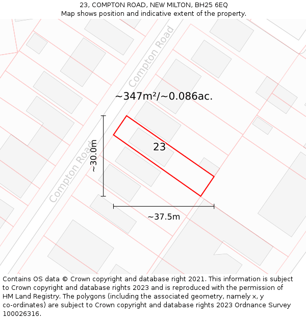 23, COMPTON ROAD, NEW MILTON, BH25 6EQ: Plot and title map