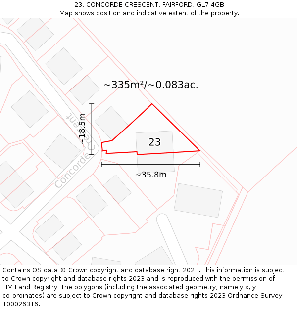 23, CONCORDE CRESCENT, FAIRFORD, GL7 4GB: Plot and title map