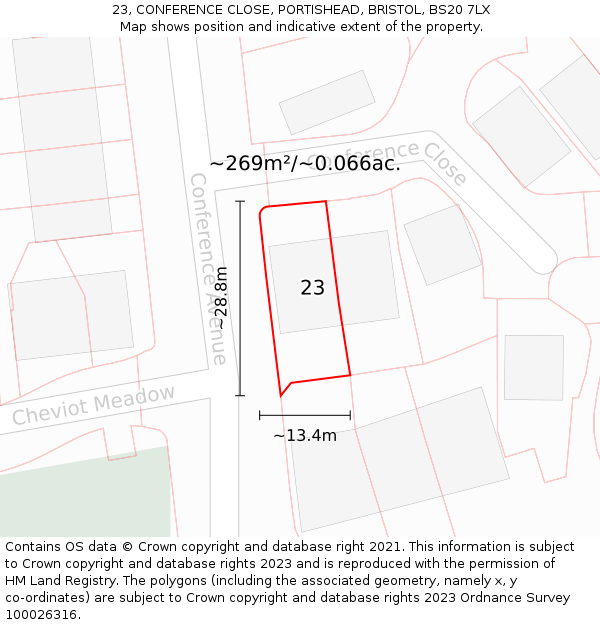 23, CONFERENCE CLOSE, PORTISHEAD, BRISTOL, BS20 7LX: Plot and title map