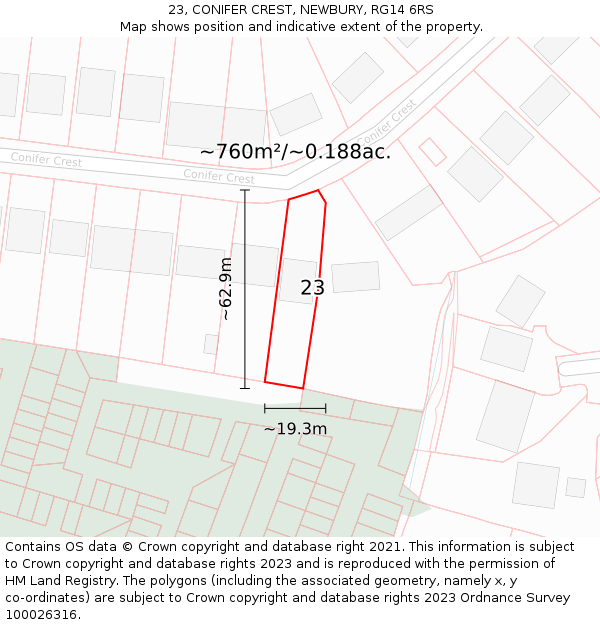 23, CONIFER CREST, NEWBURY, RG14 6RS: Plot and title map