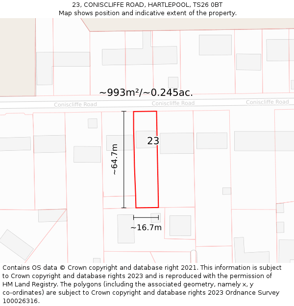 23, CONISCLIFFE ROAD, HARTLEPOOL, TS26 0BT: Plot and title map