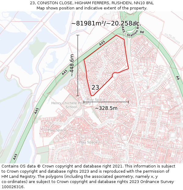 23, CONISTON CLOSE, HIGHAM FERRERS, RUSHDEN, NN10 8NL: Plot and title map