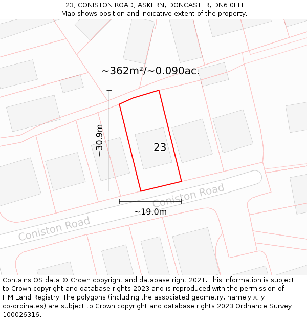 23, CONISTON ROAD, ASKERN, DONCASTER, DN6 0EH: Plot and title map