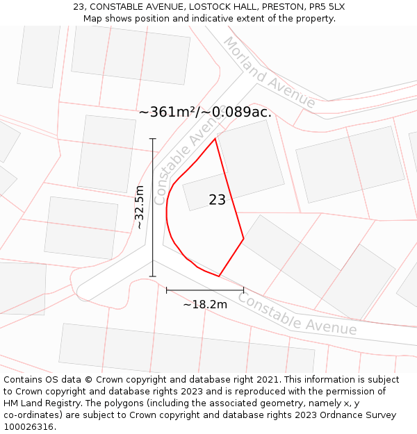 23, CONSTABLE AVENUE, LOSTOCK HALL, PRESTON, PR5 5LX: Plot and title map
