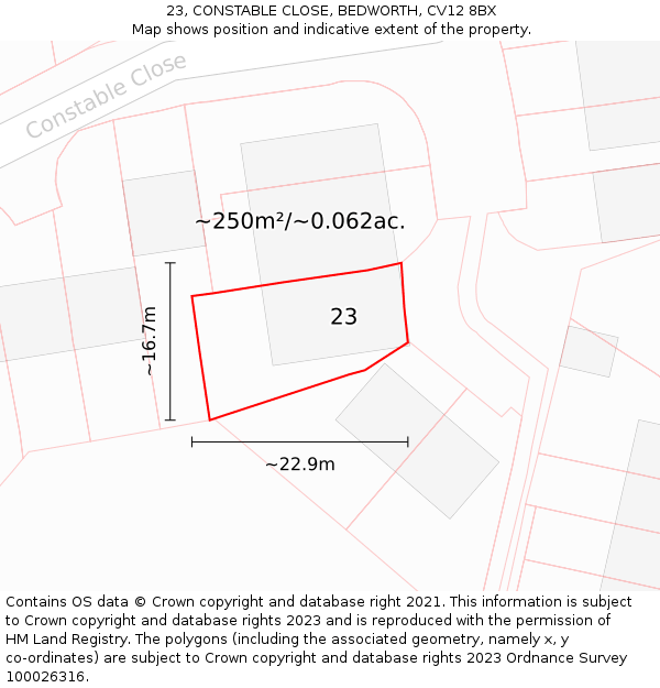 23, CONSTABLE CLOSE, BEDWORTH, CV12 8BX: Plot and title map