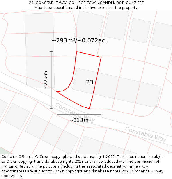 23, CONSTABLE WAY, COLLEGE TOWN, SANDHURST, GU47 0FE: Plot and title map