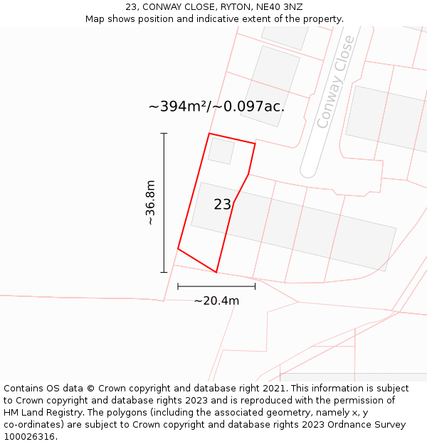 23, CONWAY CLOSE, RYTON, NE40 3NZ: Plot and title map