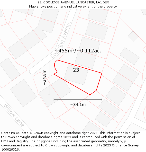 23, COOLIDGE AVENUE, LANCASTER, LA1 5ER: Plot and title map