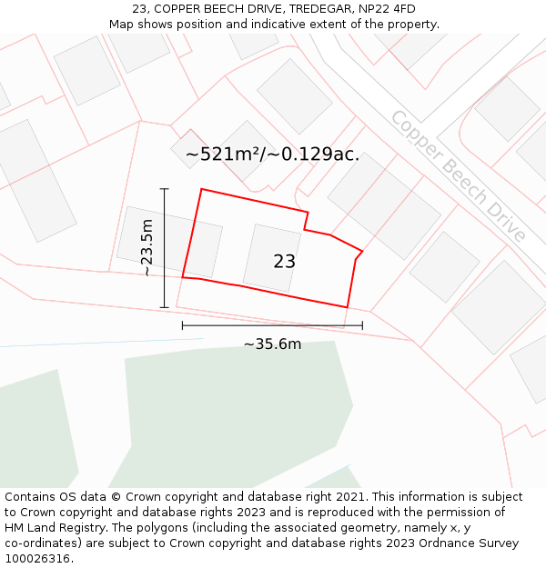 23, COPPER BEECH DRIVE, TREDEGAR, NP22 4FD: Plot and title map