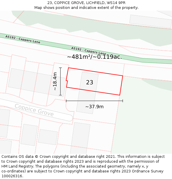 23, COPPICE GROVE, LICHFIELD, WS14 9PR: Plot and title map
