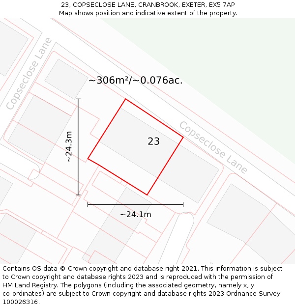 23, COPSECLOSE LANE, CRANBROOK, EXETER, EX5 7AP: Plot and title map