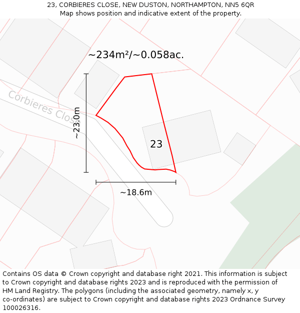 23, CORBIERES CLOSE, NEW DUSTON, NORTHAMPTON, NN5 6QR: Plot and title map