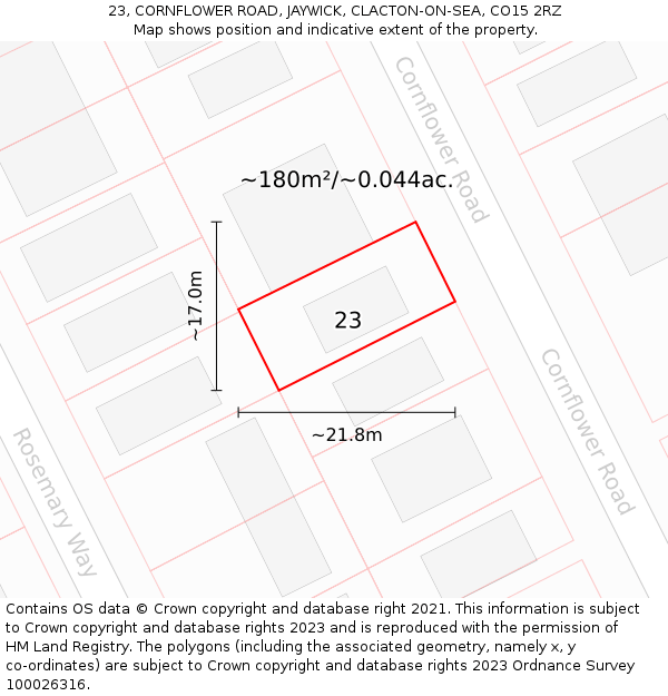 23, CORNFLOWER ROAD, JAYWICK, CLACTON-ON-SEA, CO15 2RZ: Plot and title map