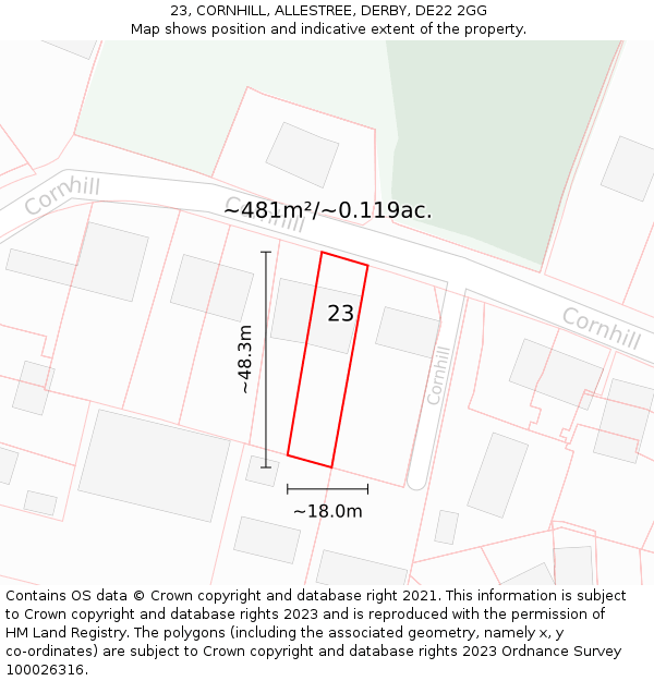 23, CORNHILL, ALLESTREE, DERBY, DE22 2GG: Plot and title map